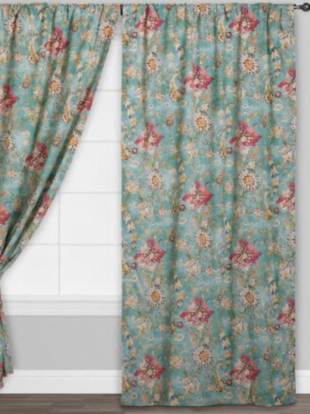 Genevieve Aqua Floral Cotton Sleeve Top Curtains Set Of 2 panels 48 x 96